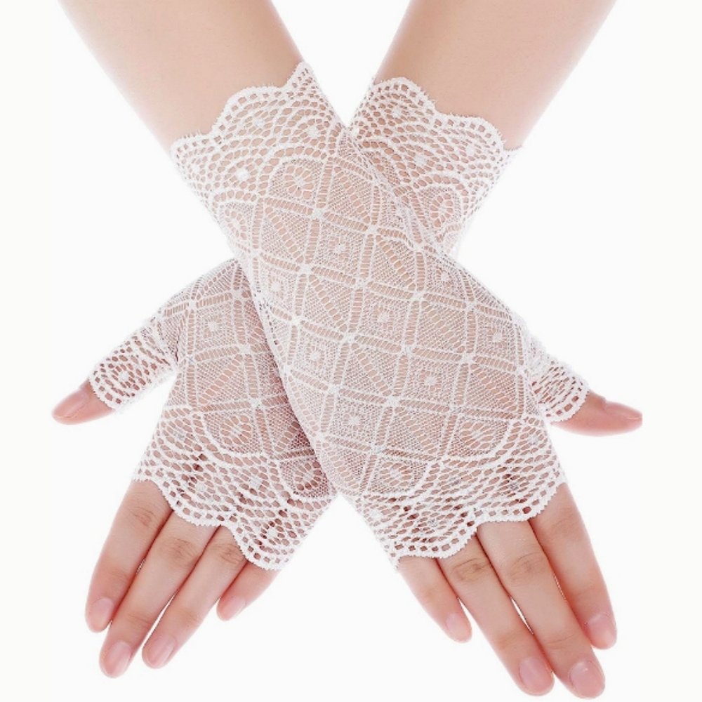 Feminine White Lace Fingerless Gloves Tea Party Brunch Weddings Bridal C…